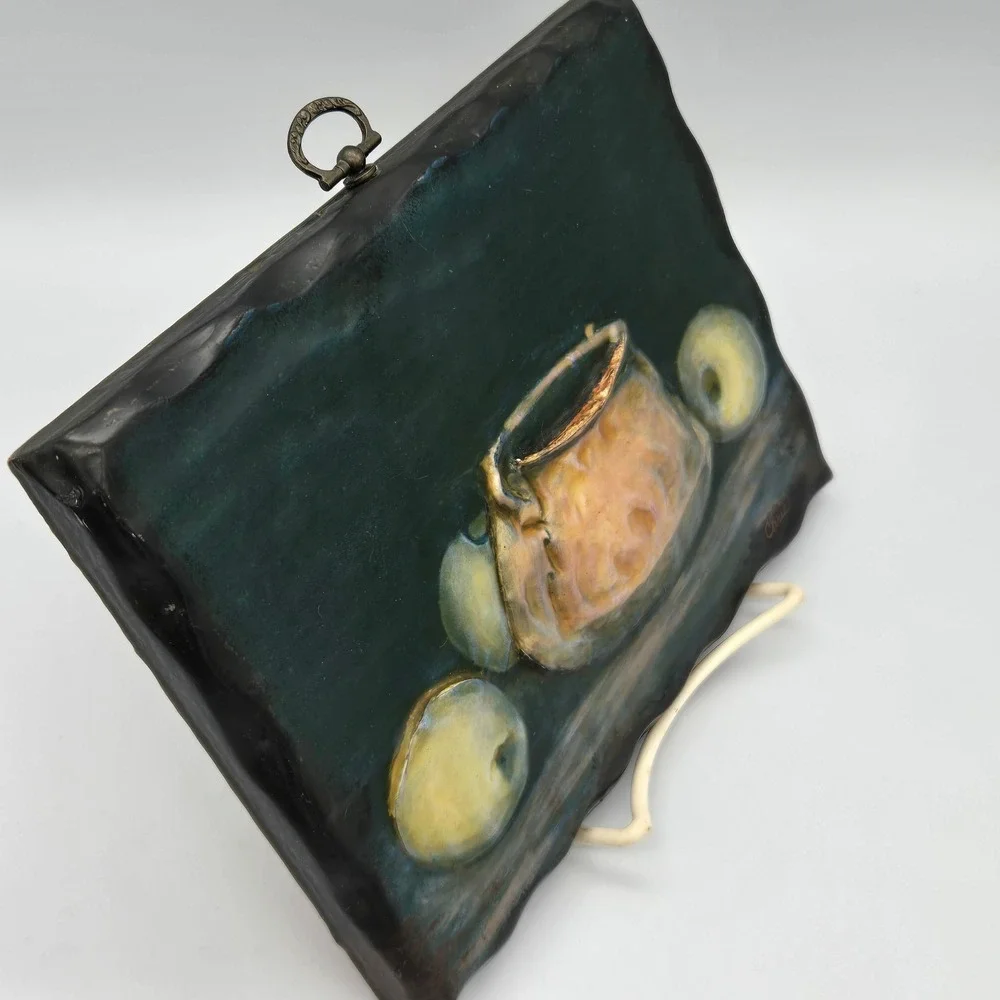 Vintage Dark Moody Still Life Wall Art Plaque Copper Pot and Apples in Relief